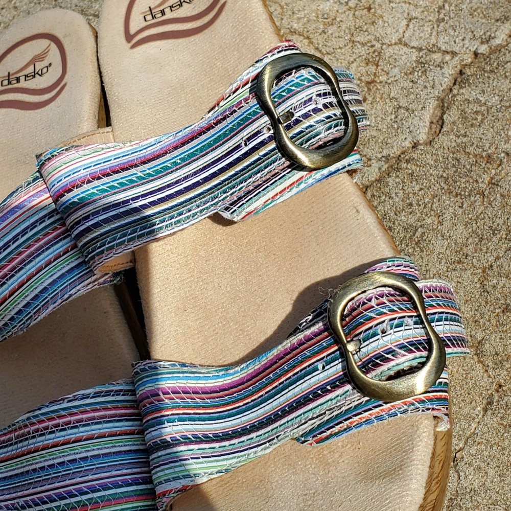 Dansko Sophie Multi Color Strappy Striped Leather Slide Sandals Wedge 37 Casual - Picture 2 of 11